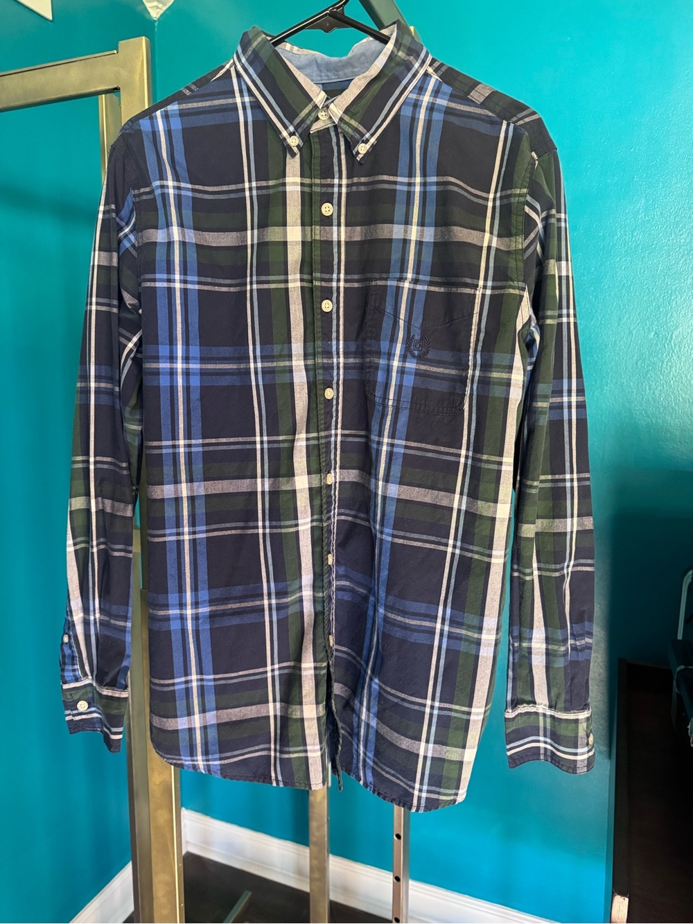 Chaps Navy, Green & White Plaid Button-Down Shirt
